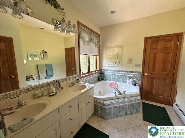 1437 Nectarine Rd, Lehigh Twp, PA 18038 - bathroom with a tub with jets, tile patterned floors, double vanity, and a baseboard heating unit