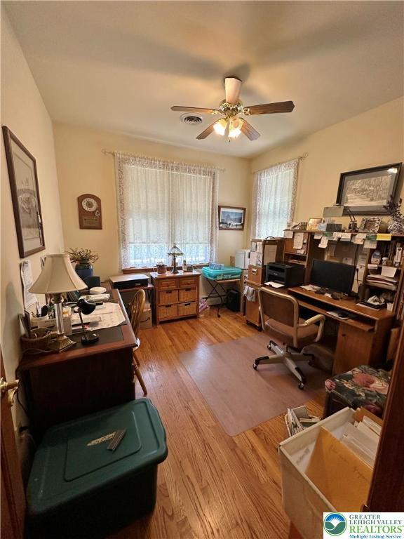 1437 Nectarine Rd, Lehigh Twp, PA 18038 - office area with a ceiling fan and light wood-type flooring
