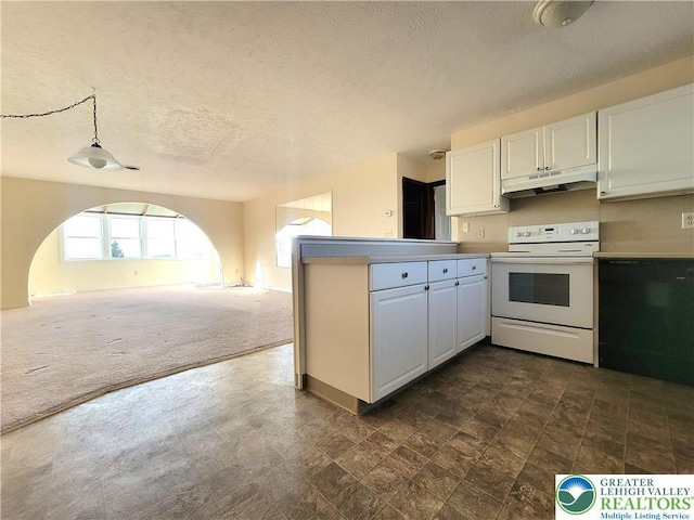 115 Foxfire Unit 306, Mount Pocono Boro, PA 18334 - kitchen featuring white range with electric stovetop, under cabinet range hood, a peninsula, a textured ceiling, and white cabinetry
