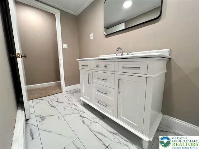 820 Ridge St, West Easton Borough, PA 18042 - bathroom with marble look tiles, vanity, and ornamental molding
