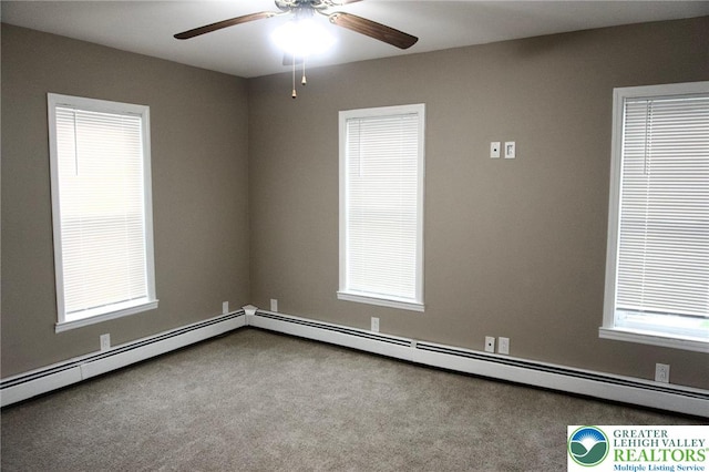 820 Ridge St, West Easton Borough, PA 18042 - unfurnished room with carpet floors, a ceiling fan, and a baseboard heating unit