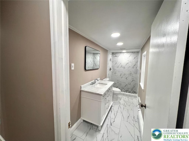 820 Ridge St, West Easton Borough, PA 18042 - bathroom featuring marble finish floors, a stall shower, vanity, ornamental molding, and recessed lighting