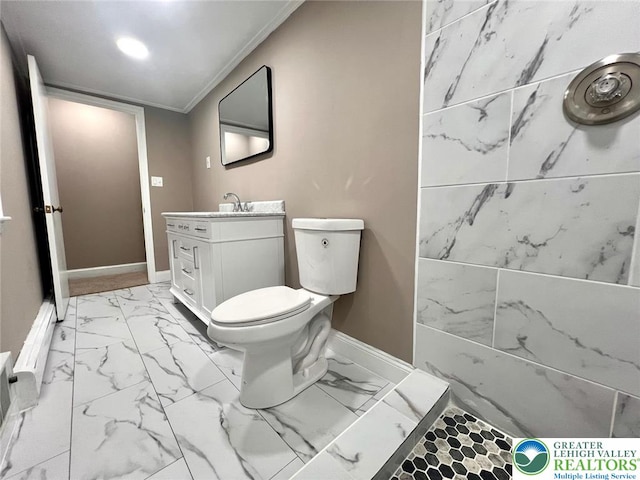 820 Ridge St, West Easton Borough, PA 18042 - bathroom featuring vanity, marble look tiles, and ornamental molding