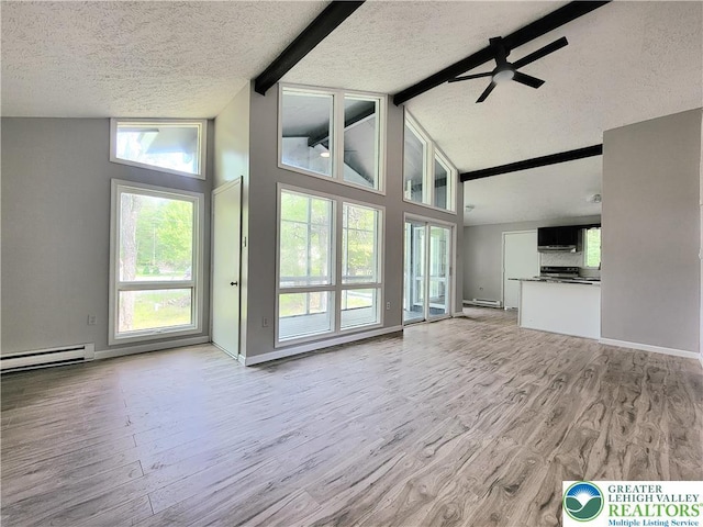 6522 Runnymead, Coolbaugh Twp, PA 18466 - unfurnished living room with a textured ceiling, a baseboard radiator, beamed ceiling, light wood-style floors, and a ceiling fan