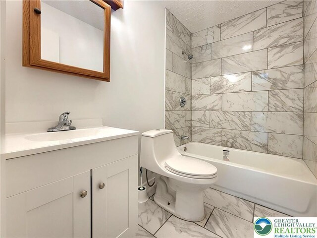 6522 Runnymead, Coolbaugh Twp, PA 18466 - bathroom with marble look tiles, vanity, shower / tub combination, and a textured ceiling