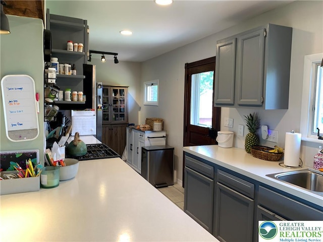 665 Walnut St, Emmaus Borough, PA 18049 - kitchen featuring gray cabinets, light countertops, refrigerator, recessed lighting, and gas cooktop