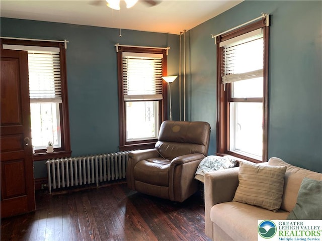 665 Walnut St, Emmaus Borough, PA 18049 - sitting room featuring radiator heating unit, a ceiling fan, and hardwood / wood-style floors