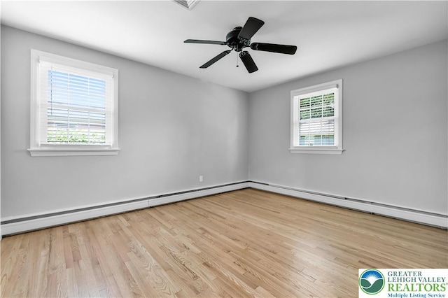 3032 W Woodlawn St, South Whitehall Twp, PA 18104 - spare room featuring a baseboard radiator, wood finished floors, and a ceiling fan