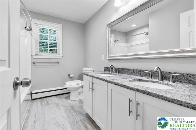 3032 W Woodlawn St, South Whitehall Twp, PA 18104 - full bathroom with a baseboard radiator, double vanity, a shower, and marble look tiles