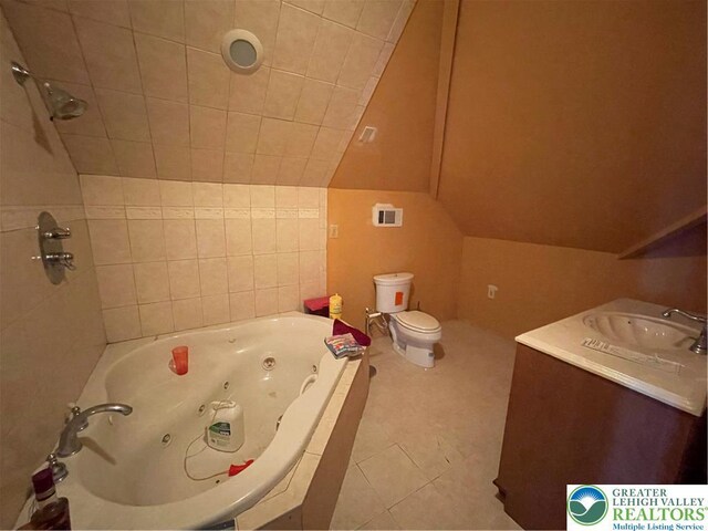 459 Mount Pleasant Rd, Washington Twp, PA 18013 - full bath featuring a jetted tub, vanity, vaulted ceiling, tile patterned floors, and a shower