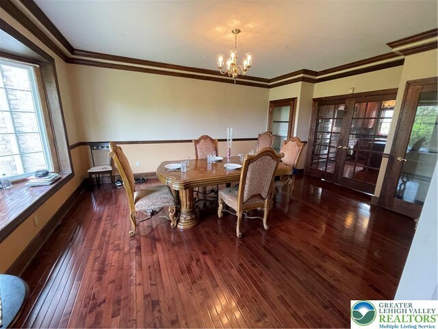 459 Mount Pleasant Rd, Washington Twp, PA 18013 - dining room featuring a chandelier, wood-type flooring, ornamental molding, and french doors