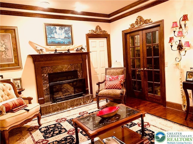459 Mount Pleasant Rd, Washington Twp, PA 18013 - sitting room with french doors, crown molding, wood finished floors, and a premium fireplace