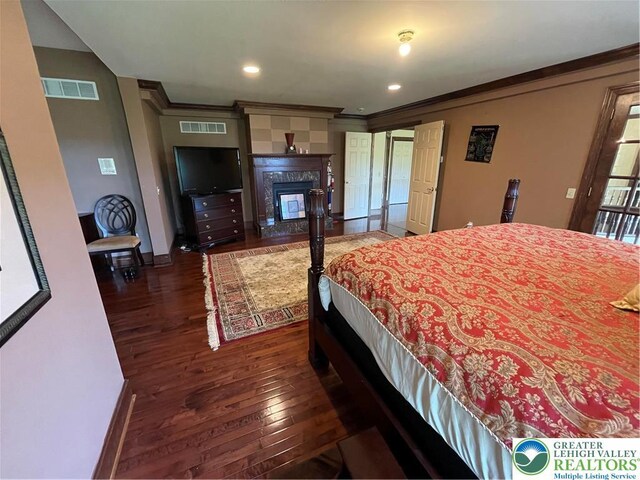 459 Mount Pleasant Rd, Washington Twp, PA 18013 - bedroom with wood-type flooring, a high end fireplace, ornamental molding, and recessed lighting