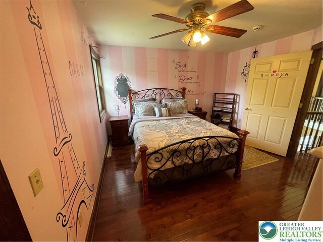 459 Mount Pleasant Rd, Washington Twp, PA 18013 - bedroom featuring wallpapered walls, hardwood / wood-style floors, and a ceiling fan