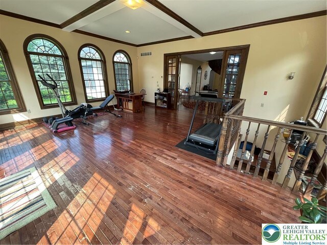 459 Mount Pleasant Rd, Washington Twp, PA 18013 - exercise area with hardwood / wood-style floors, plenty of natural light, and ornamental molding