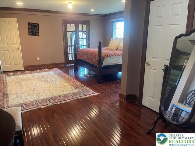 459 Mount Pleasant Rd, Washington Twp, PA 18013 - bedroom with dark wood-style floors, french doors, ornamental molding, and recessed lighting