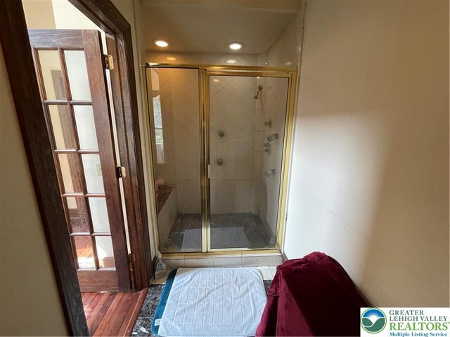 459 Mount Pleasant Rd, Washington Twp, PA 18013 - bathroom with a shower stall, recessed lighting, and wood finished floors