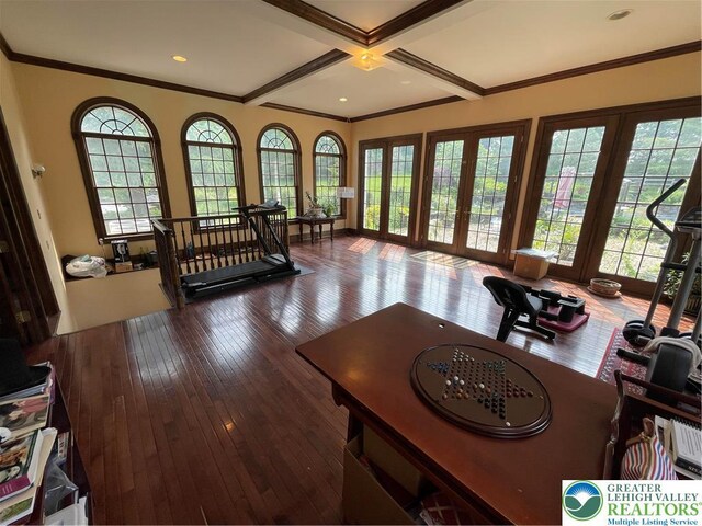 459 Mount Pleasant Rd, Washington Twp, PA 18013 - living room featuring hardwood / wood-style floors, coffered ceiling, beamed ceiling, and crown molding