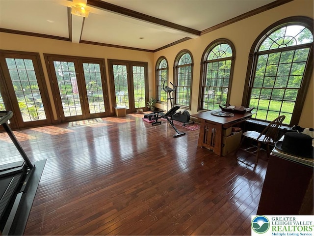 459 Mount Pleasant Rd, Washington Twp, PA 18013 - office area featuring beam ceiling, dark wood finished floors, and french doors