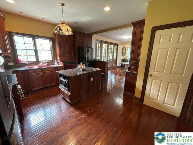 459 Mount Pleasant Rd, Washington Twp, PA 18013 - kitchen with fridge with ice dispenser, a kitchen island, dark wood finished floors, recessed lighting, and pendant lighting