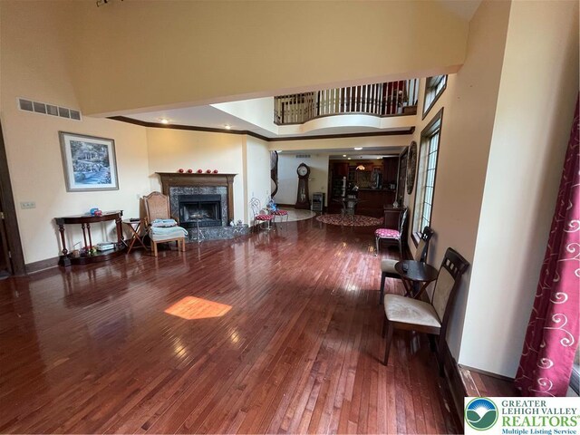 459 Mount Pleasant Rd, Washington Twp, PA 18013 - living room featuring hardwood / wood-style flooring, a fireplace, and high vaulted ceiling