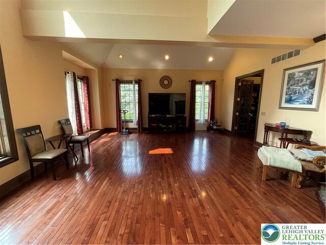 459 Mount Pleasant Rd, Washington Twp, PA 18013 - living room with lofted ceiling, hardwood / wood-style floors, and recessed lighting
