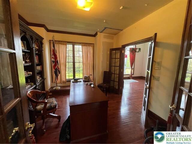 459 Mount Pleasant Rd, Washington Twp, PA 18013 - office area with french doors, dark wood-style flooring, and ornamental molding