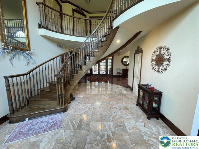 459 Mount Pleasant Rd, Washington Twp, PA 18013 - stairway featuring marble tiled floors and a towering ceiling
