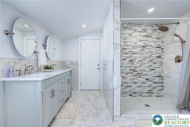 143 Cathleen Dr, Price Twp, PA 18302 - full bathroom featuring tile walls, marble finish flooring, double vanity, a tile shower, and recessed lighting