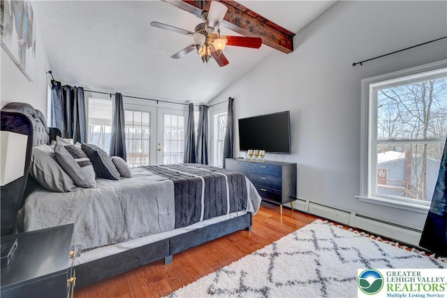 143 Cathleen Dr, Price Twp, PA 18302 - bedroom featuring a baseboard heating unit, wood finished floors, access to outside, and a ceiling fan