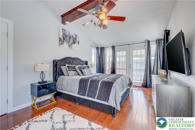 143 Cathleen Dr, Price Twp, PA 18302 - bedroom with access to exterior, french doors, wood finished floors, and a ceiling fan