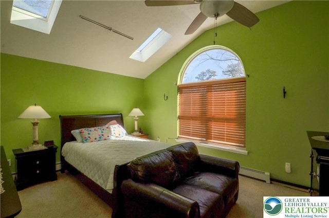 1214 Shadblow Rd, Tobyhanna Twp, PA 18346 - bedroom featuring a skylight, baseboard heating, carpet, lofted ceiling, and ceiling fan