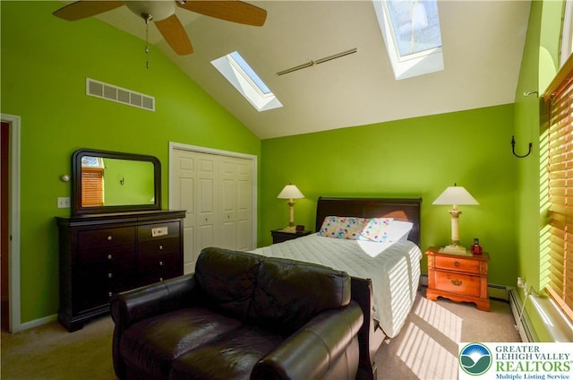 1214 Shadblow Rd, Tobyhanna Twp, PA 18346 - bedroom featuring a skylight, carpet floors, high vaulted ceiling, a closet, and multiple windows