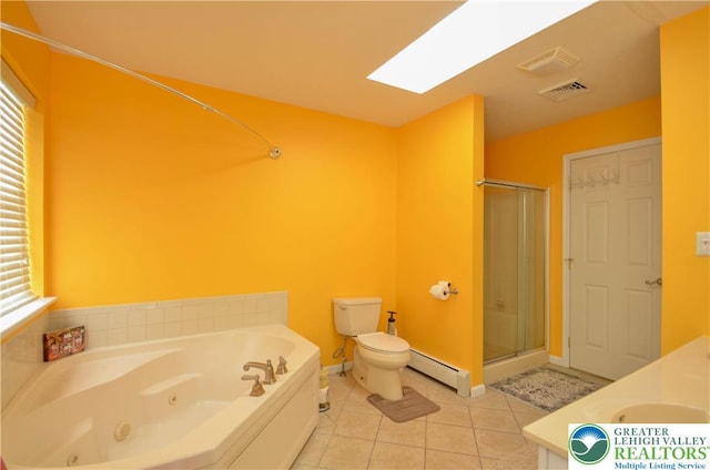1214 Shadblow Rd, Tobyhanna Twp, PA 18346 - bathroom featuring a baseboard heating unit, a jetted tub, a stall shower, tile patterned flooring, and double vanity