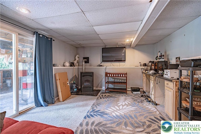 1421 7th St, Bethlehem Twp, PA 18020 - carpeted bedroom with a wood stove, access to exterior, and a drop ceiling