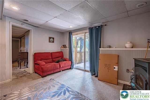 1421 7th St, Bethlehem Twp, PA 18020 - carpeted living area featuring a drop ceiling and a wood stove