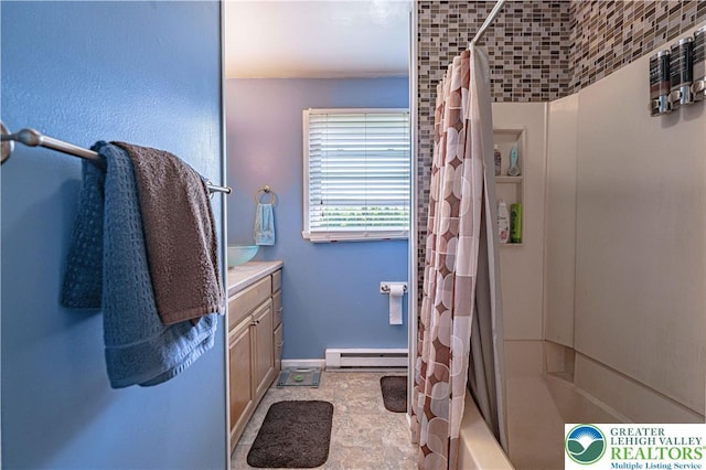 1421 7th St, Bethlehem Twp, PA 18020 - bathroom with a baseboard heating unit, vanity, and shower / bathtub combination with curtain