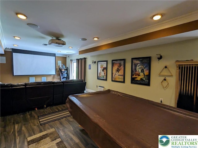 131 Winding Way, Washington Twp, PA 18013 - cinema room with ornamental molding, wood finished floors, billiards table, and recessed lighting