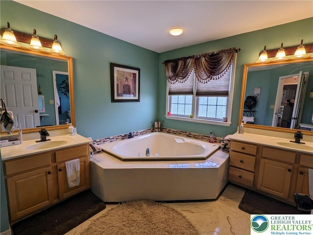 131 Winding Way, Washington Twp, PA 18013 - full bath with two vanities, marble finish floors, and a jetted tub