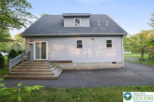 9436 Juniper Dr, Tobyhanna Twp, PA 18466 - rear view of house with a patio, a shingled roof, and crawl space