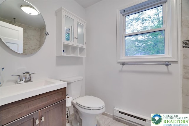 9436 Juniper Dr, Tobyhanna Twp, PA 18466 - full bath with a baseboard heating unit, vanity, marble look tile flooring, and a shower