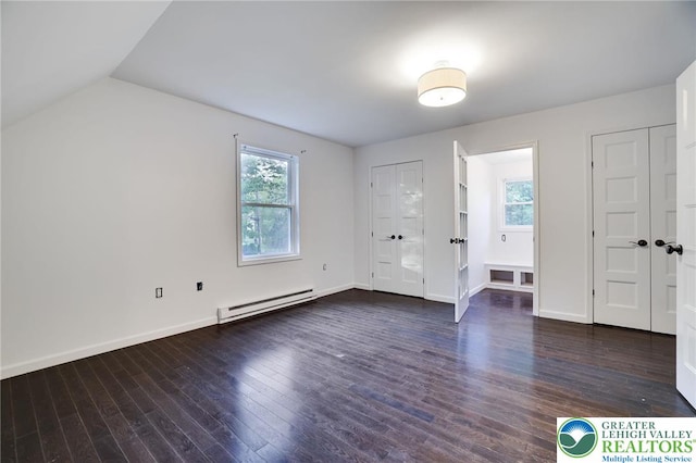 9436 Juniper Dr, Tobyhanna Twp, PA 18466 - entryway with a baseboard heating unit, wood finished floors, and lofted ceiling