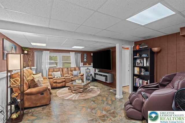 3315 Aspen Rd, Polk Twp, PA 18058 - living room with a paneled ceiling and wood walls