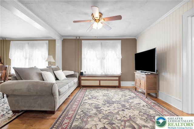 600 S Hoffert St, Fountain Hill Boro, PA 18015 - living room featuring wood finished floors, ceiling fan, and ornamental molding