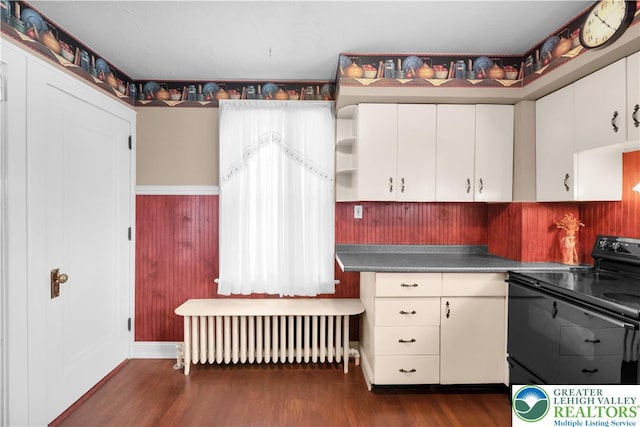 600 S Hoffert St, Fountain Hill Boro, PA 18015 - kitchen with electric range, radiator, dark wood-type flooring, and white cabinets