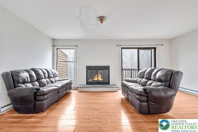417 Hickory Dr, Jackson Twp, PA 18372 - living area featuring healthy amount of natural light, light wood-style floors, a glass covered fireplace, and a baseboard radiator