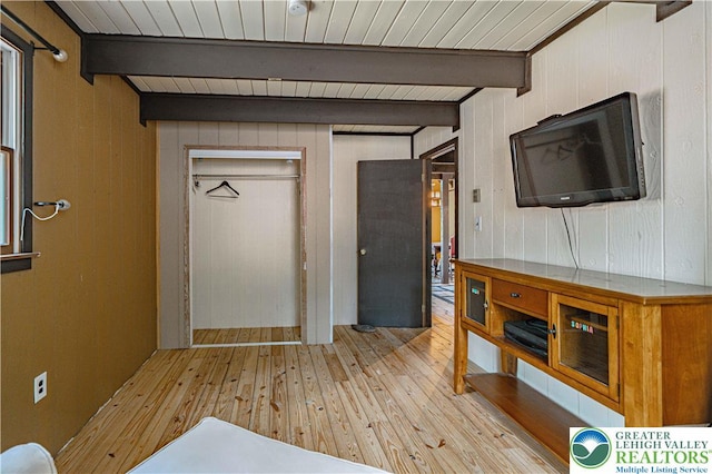 115 Lookout Ct, Middle Smithfield Twp, PA 18302 - interior space featuring wood-type flooring, wooden walls, and a wood ceiling with exposed beams
