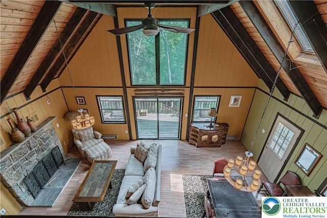 115 Lookout Ct, Middle Smithfield Twp, PA 18302 - living room with healthy amount of natural light, wood finished floors, wooden walls, ceiling fan, and a wooden ceiling with exposed beams