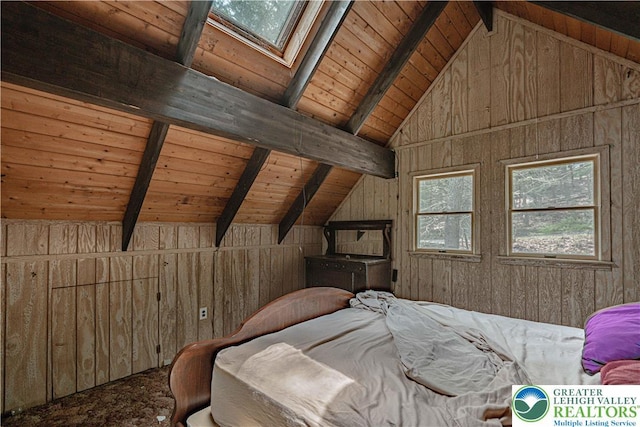 115 Lookout Ct, Middle Smithfield Twp, PA 18302 - bedroom featuring wooden ceiling, wood walls, and a skylight