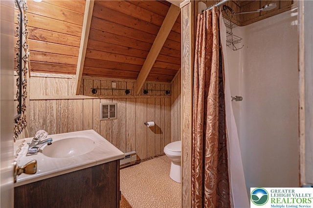 115 Lookout Ct, Middle Smithfield Twp, PA 18302 - full bathroom with wooden walls, a wooden ceiling with exposed beams, vanity, a baseboard radiator, and a shower with shower curtain
